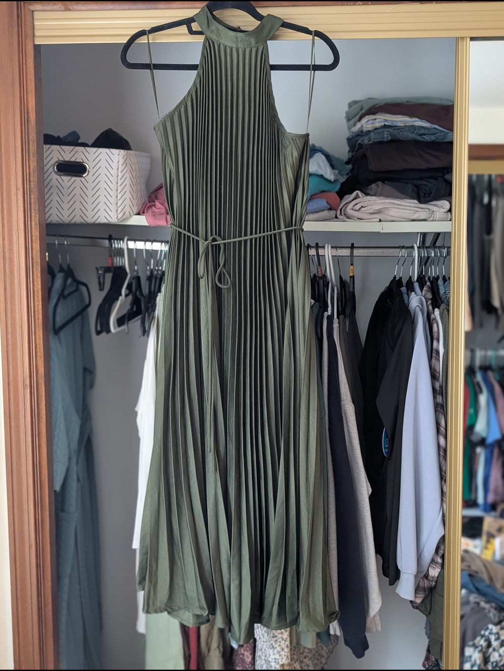 Maternity -Olive Green Pleated Halter Maxi Dress Formal